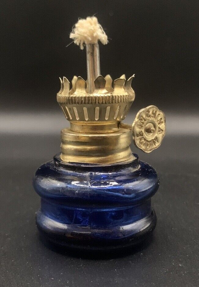 Vintage Cobalt Blue Glass Miniature Oil Lamp 2” Tall