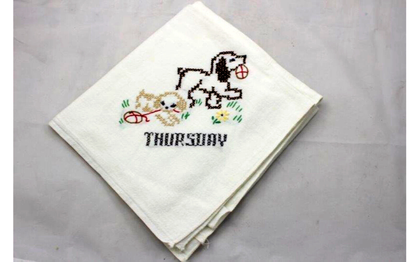 One Vintage Linen White Days Week Dog Thursday Towels Hand Embroidered 36x36