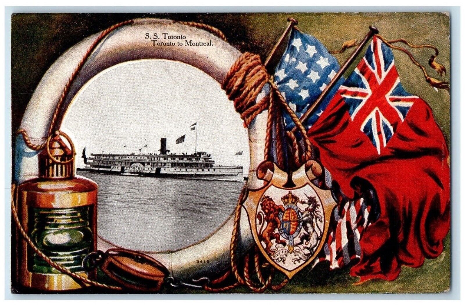 c1910's S.S. Toronto To Montreal Canada, Steamer Ship Flags Antique Postcard