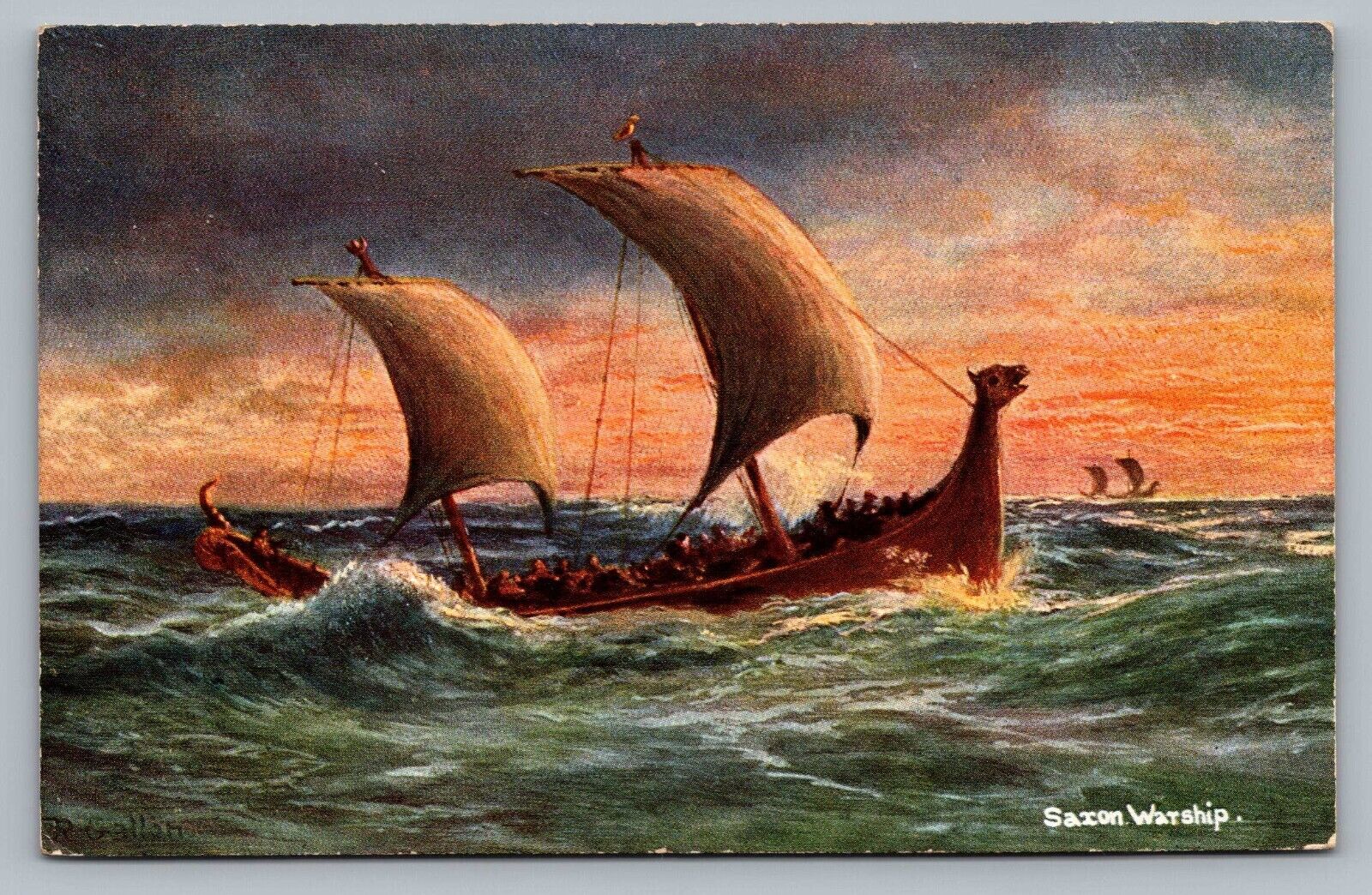 Saxon Warship British Navy Sail Sailing Vessel Ship Boat Antique Postcard C12