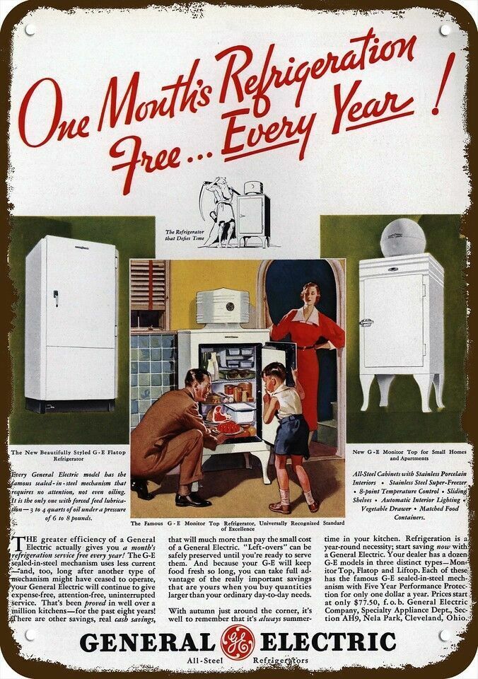1935 GE MONITOR TOP Refrigerator Vintage-Look-Edge DECORATIVE REPLICA METAL SIGN