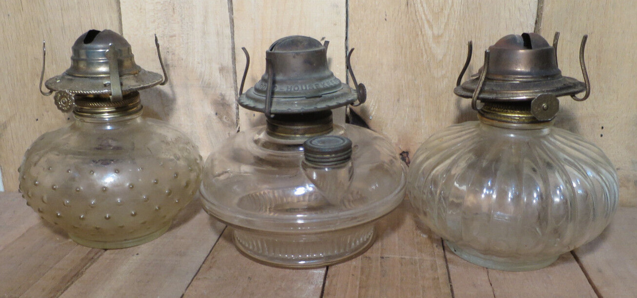 Lot of 3 Antique Clear Glass Oil Lamp Base Kerosene Set of 3