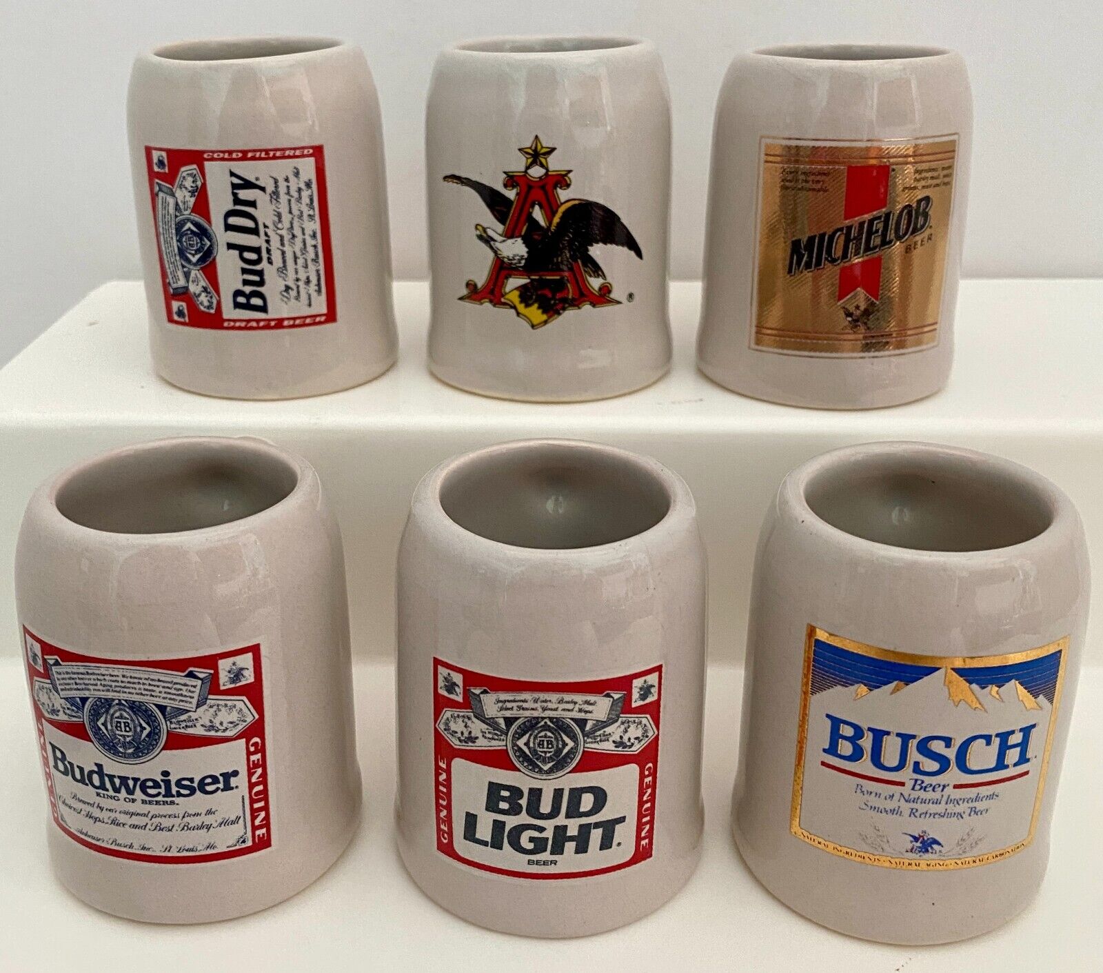 Set of 6 Mini Beer Stein Shot Glasses Anheuser Busch Budweiser Michelob Mugs