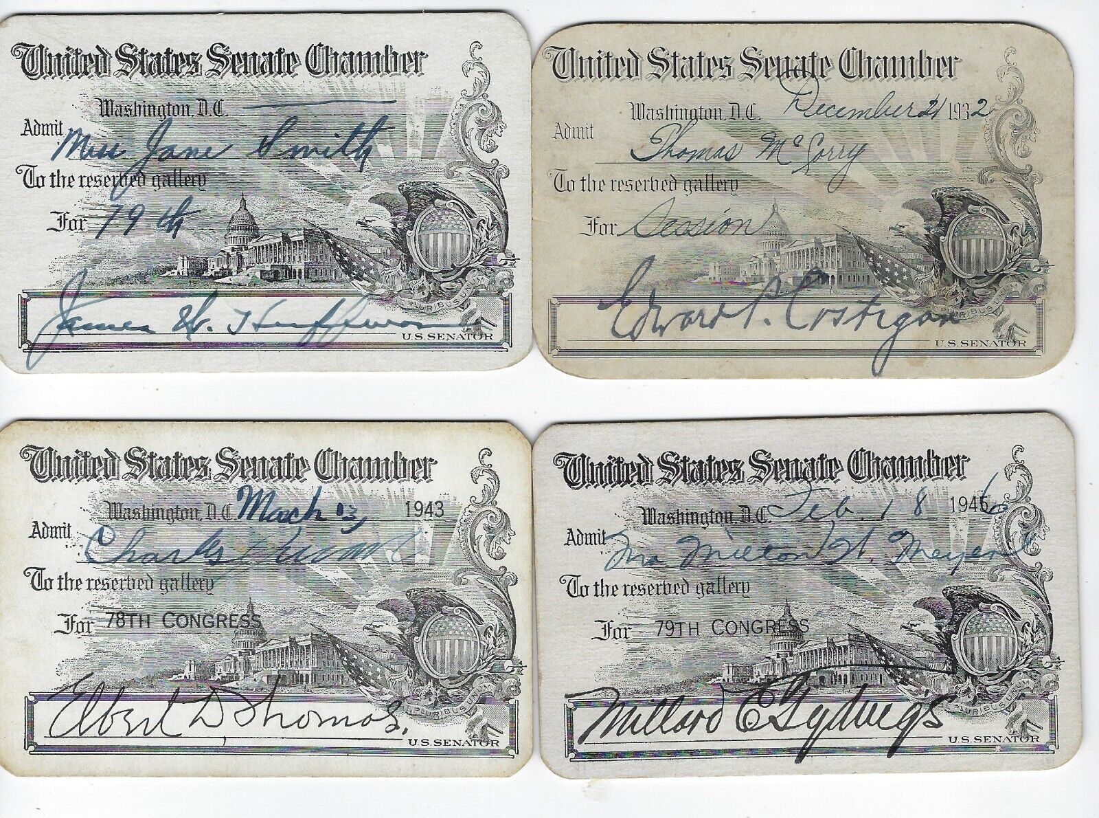 Lot of four (4) Signed Senate Chamber Cards 1936, 1932,1943 19? Further Research