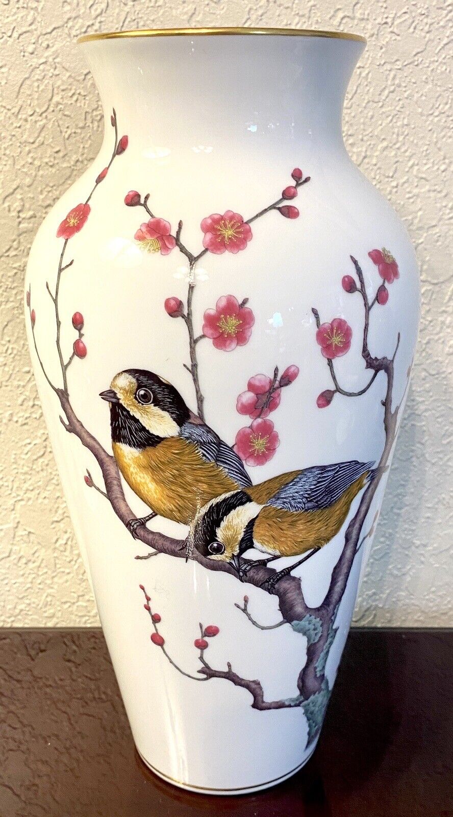 Franklin Mint Heralds Of Spring Vase Birds Cherry Blossoms Hand Painted Signed