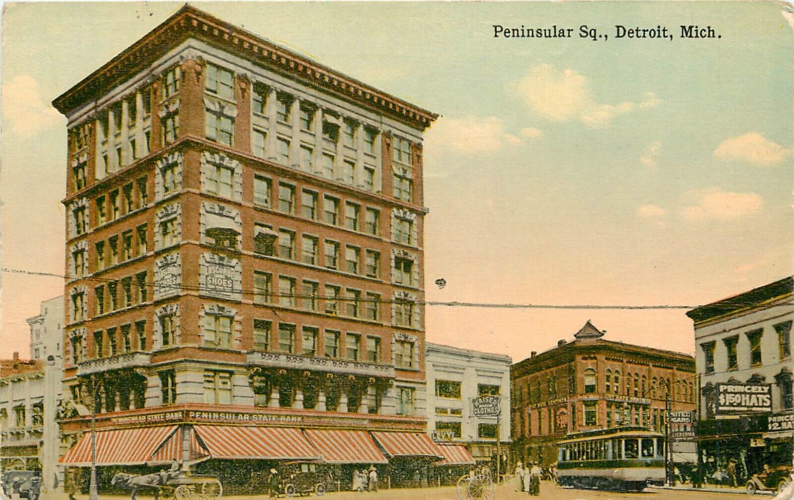 c1910 Peninsular Square - Bank, Kaiser Clothe Store, Detroit, Michigan Postcard