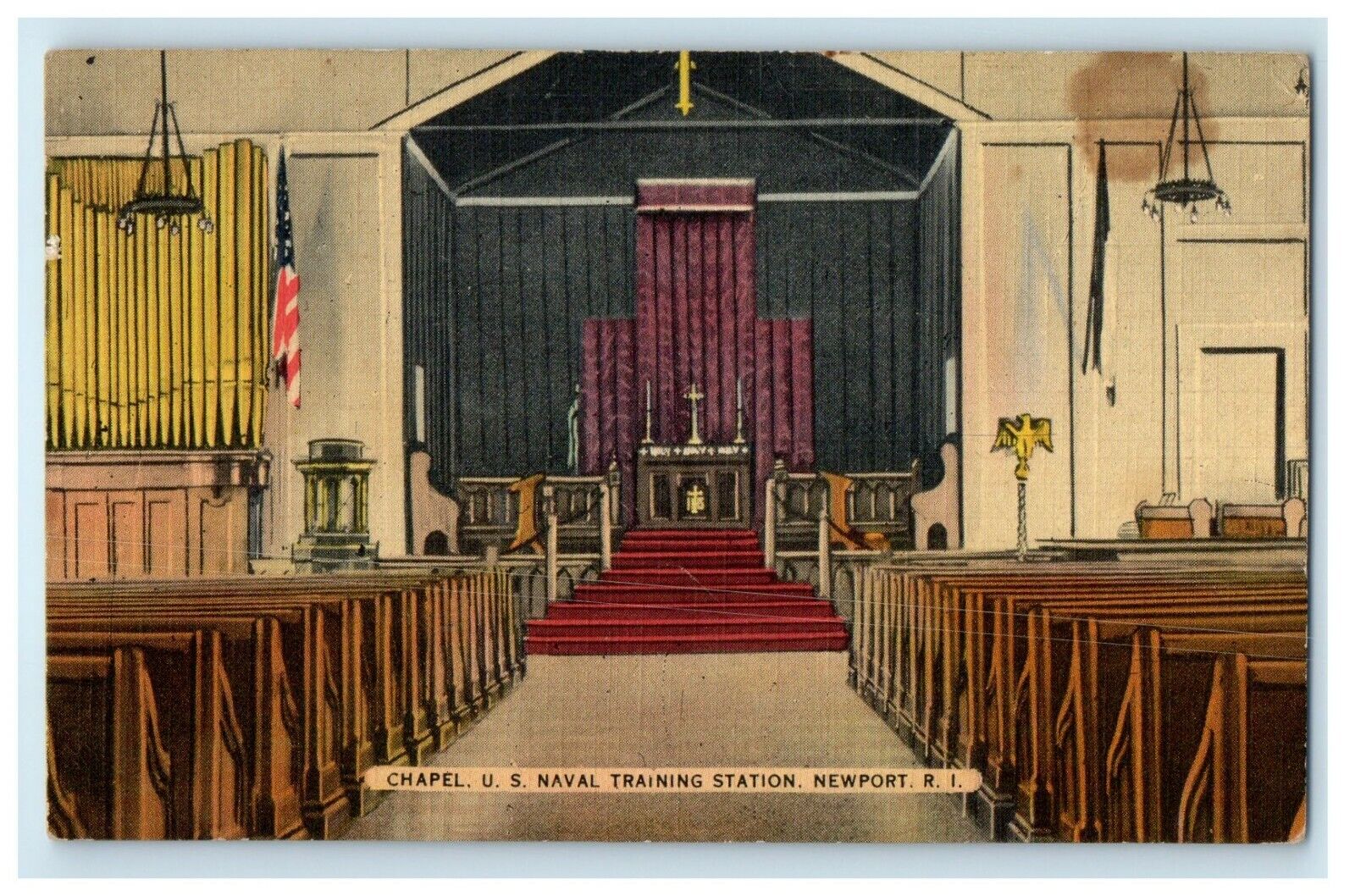 c1940's Chapel U.S Naval Training Station Interior Newport RI Vintage Postcard
