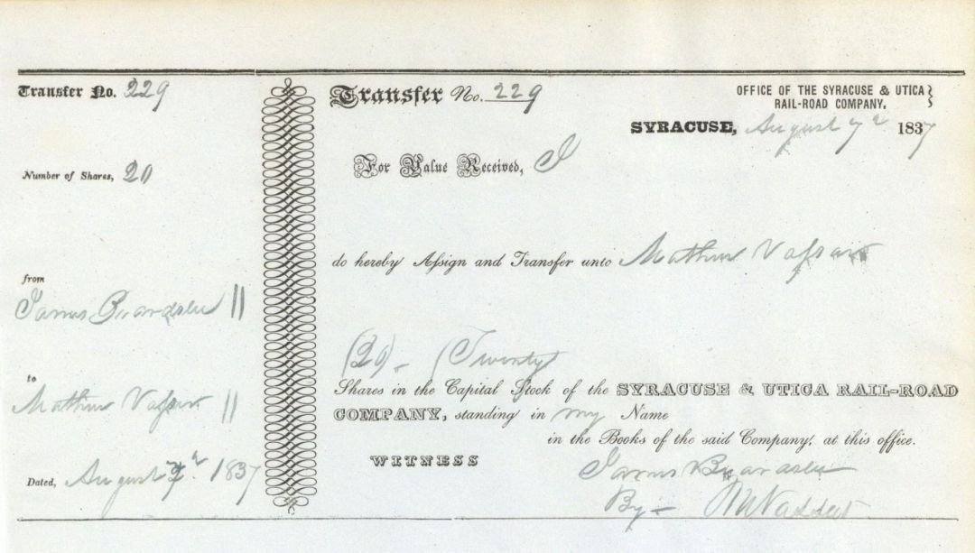 Syracuse and Utica Rail-Road Co. signed by Matthew Vassar Jr. - 1837 Augtographe