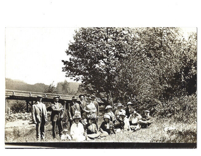 c.1900s Loving Family By River Train Railway RPPC Real Photo Postcard UNPOSTED
