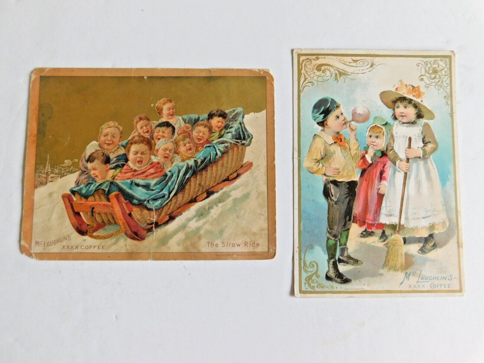 2 McLAUGHLIN'S XXXX COFFEE Victorian Trade Cards 1890s Children Sled Ride