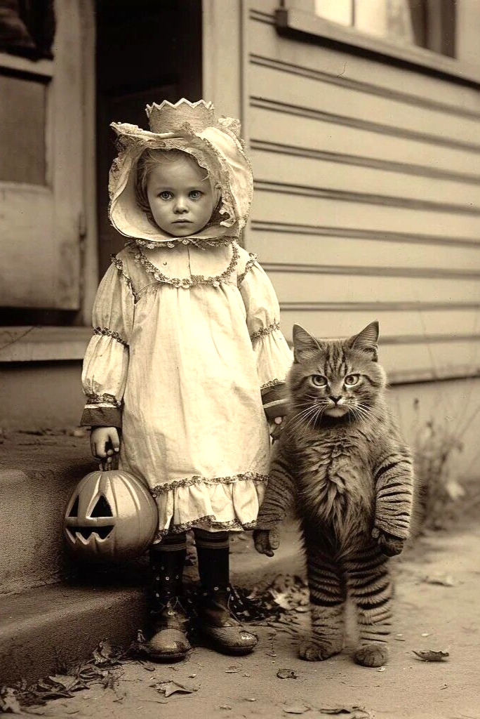Modern Halloween Photo/YOUNG GIRL IN DRESS WITH UPRIGHT CAT/4X6 B&W Photo Rpt.