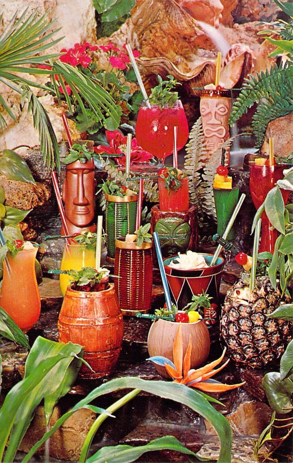 1964 OH Columbus Kahiki Polynesian Tiki Supper Club Drinks Glasses postcard A67