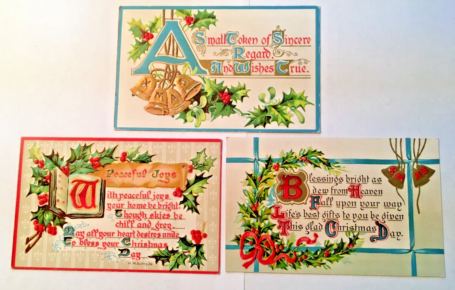 3 Embossed Christmas Postcards Bells Holly Decorative Festive Unposted