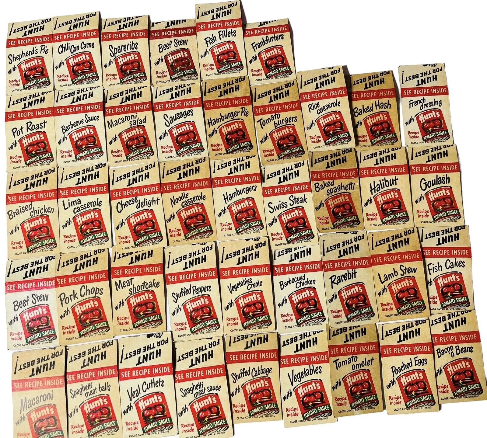 MATCHBOOKS HUNT’S TOMATO SAUCE 1940s RECIPES COVERS ONLY RARE LOT OF 42 UNSTRUCK