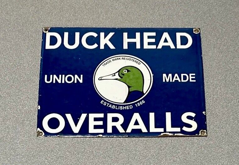 VINTAGE DUCK HEAD OVERALLS UNION MADE PORCELAIN SIGN CAR GAS OIL TRUCK
