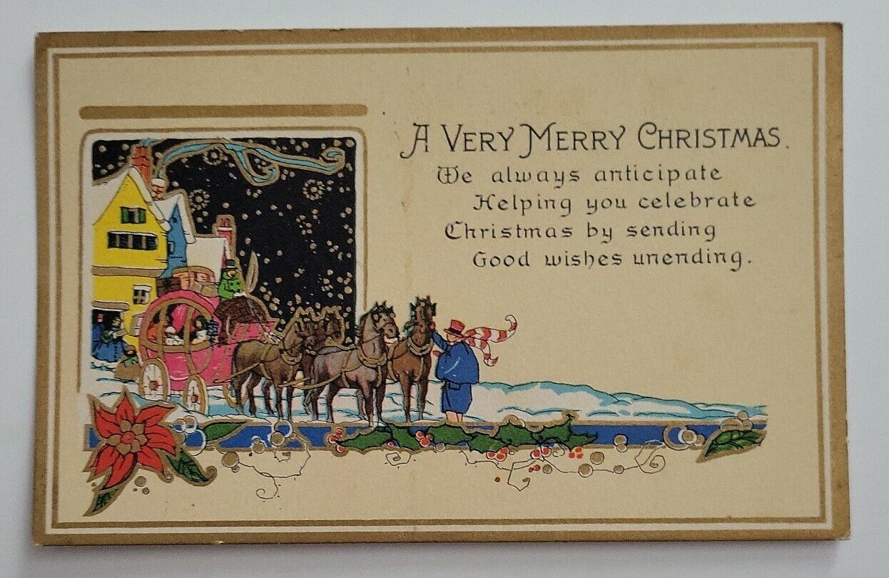 Postcard A Very Merry Christmas We Always Anticipate Horse Carrage Houses