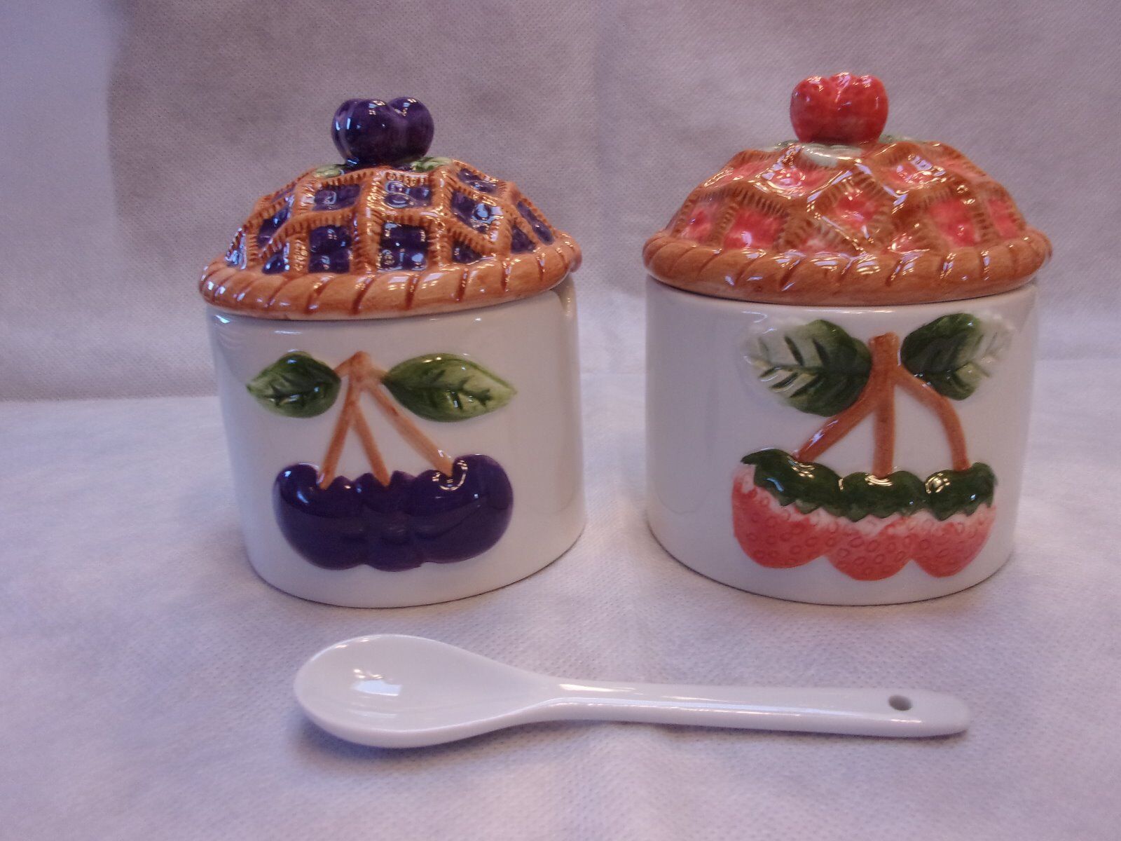 Pretty Pair of Ceramic Strawberry & Blueberry Jam Jelly Jars 