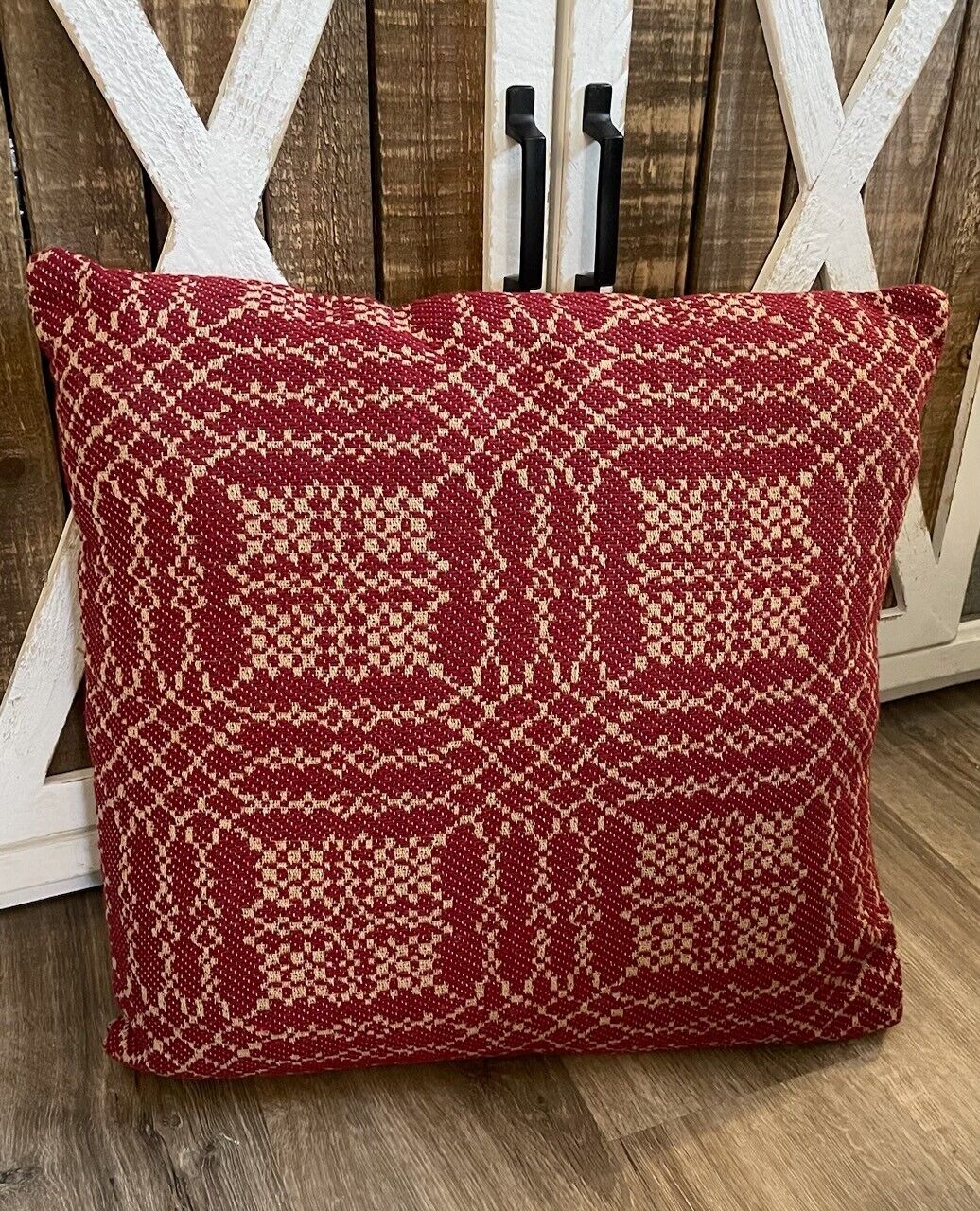 New Primitive WOVEN NANTUCKET RED COVERLET PILLOW Accent 16\
