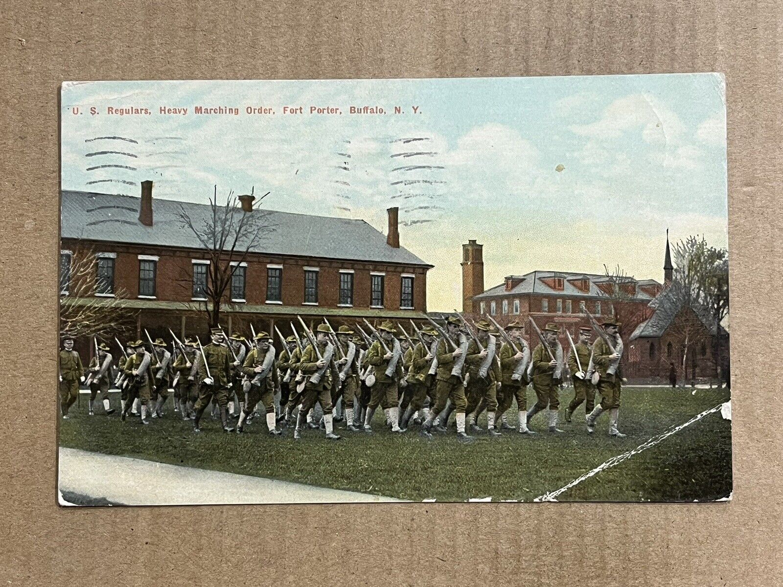 Postcard Buffalo New York NY Fort Porter Military Army Soldiers Marching 1911
