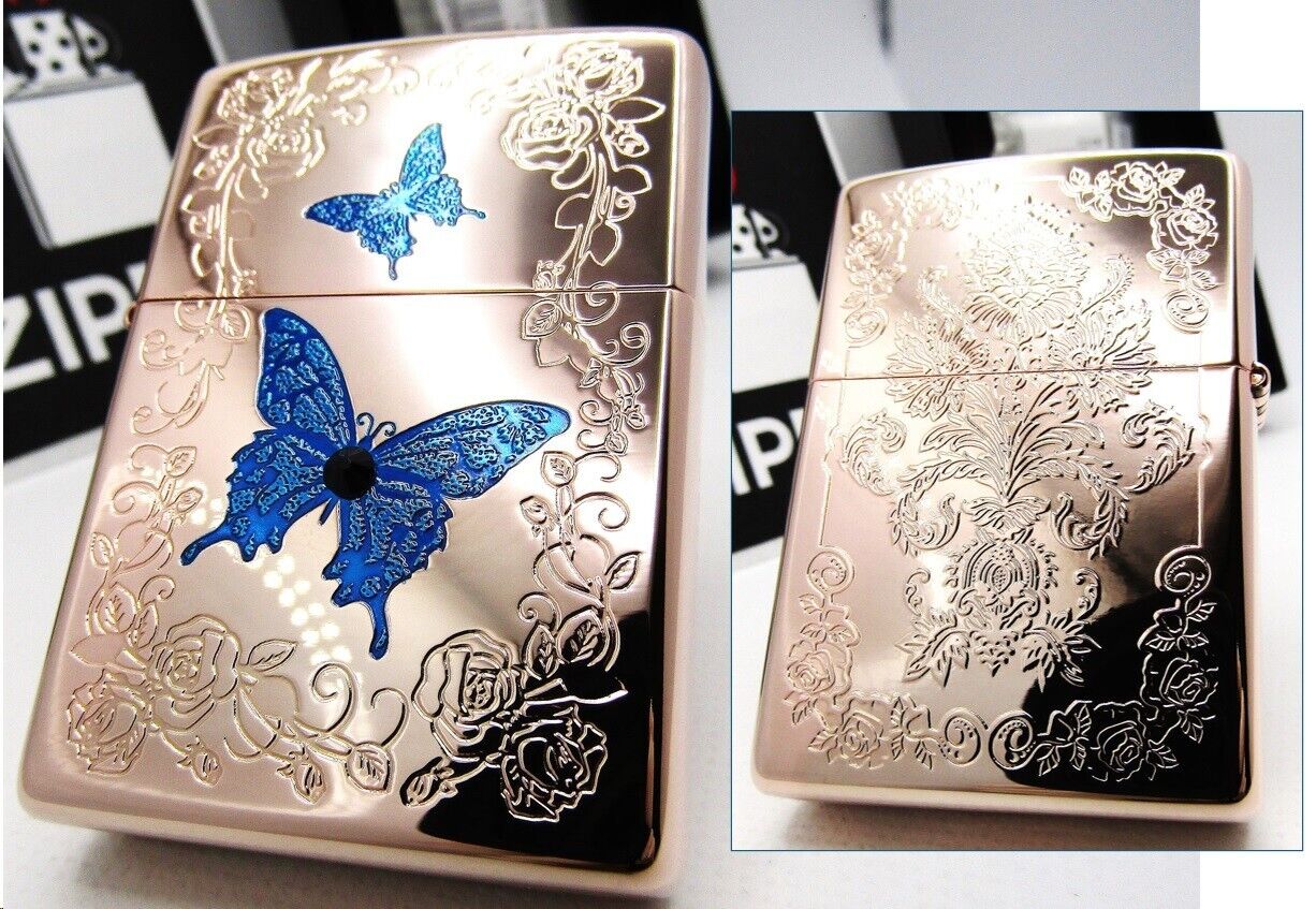 Blue Butterfly Rose Pink Etching Limited Number Swarovski Zippo Oil Lighter 2022