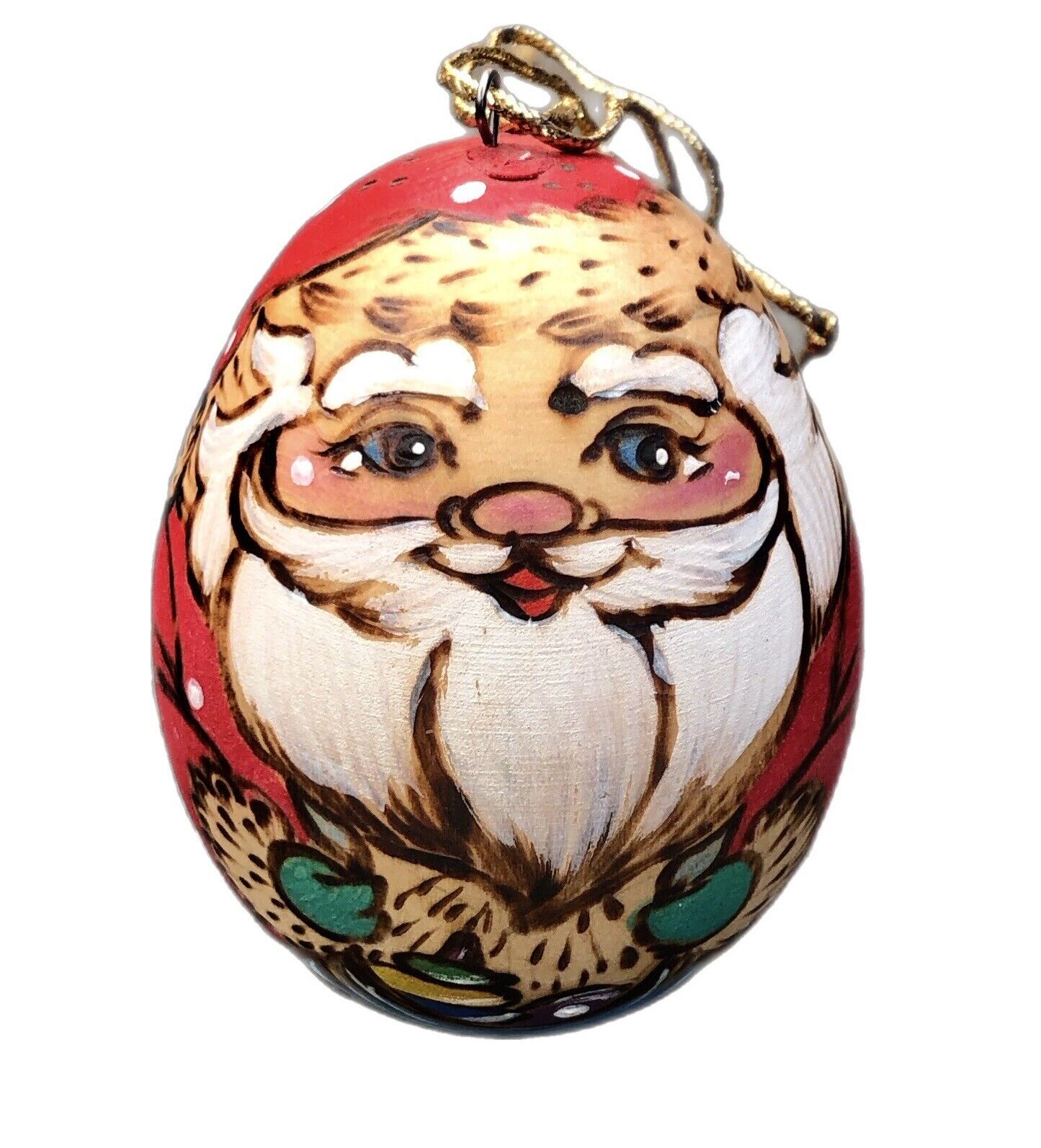 Santa Wood Burned Hand Painted Egg Shaped Christmas Tree Ornament Signed