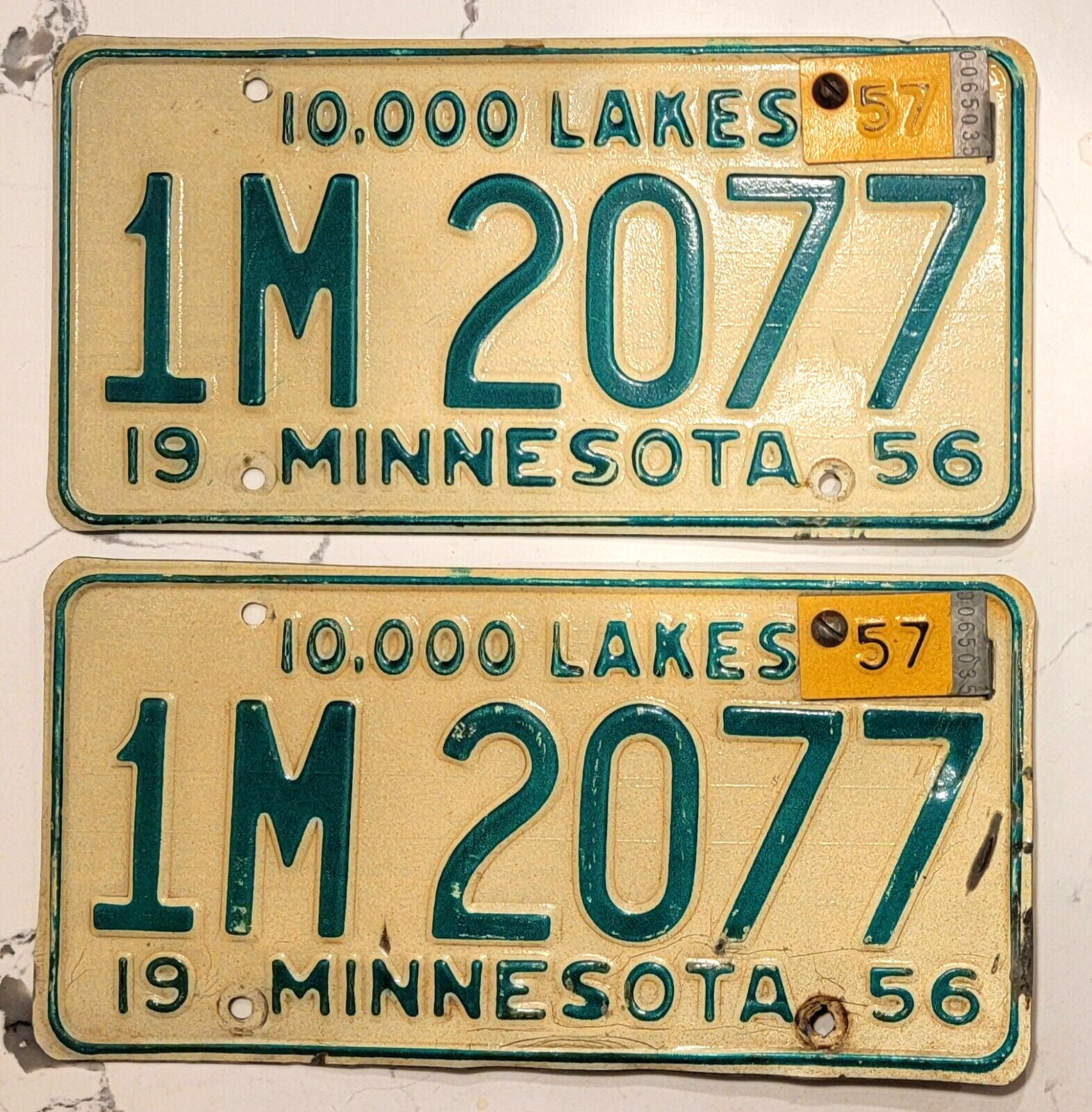 1956 MINNESOTA vehicle License Plate SET - 1M 2077 - 10,000 LAKES - \'57 tag tab