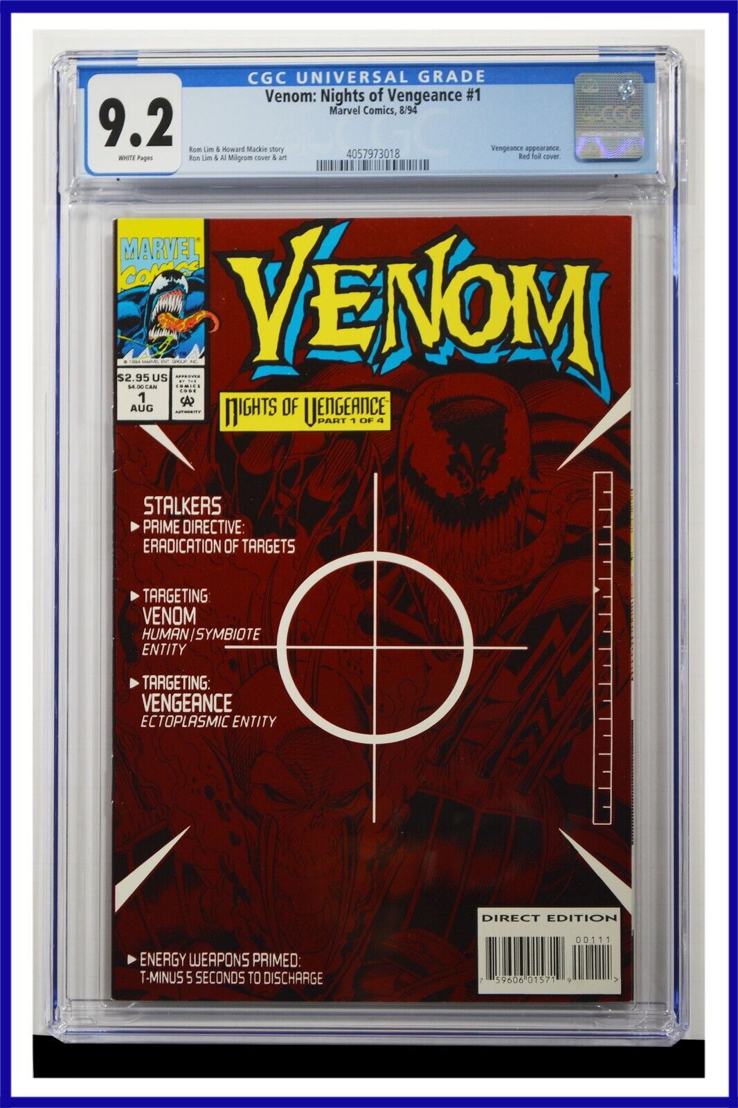 Venom Nights Of Vengeance #1 CGC Graded 9.2 Marvel 1994 Red Foil Cov. Comic Book