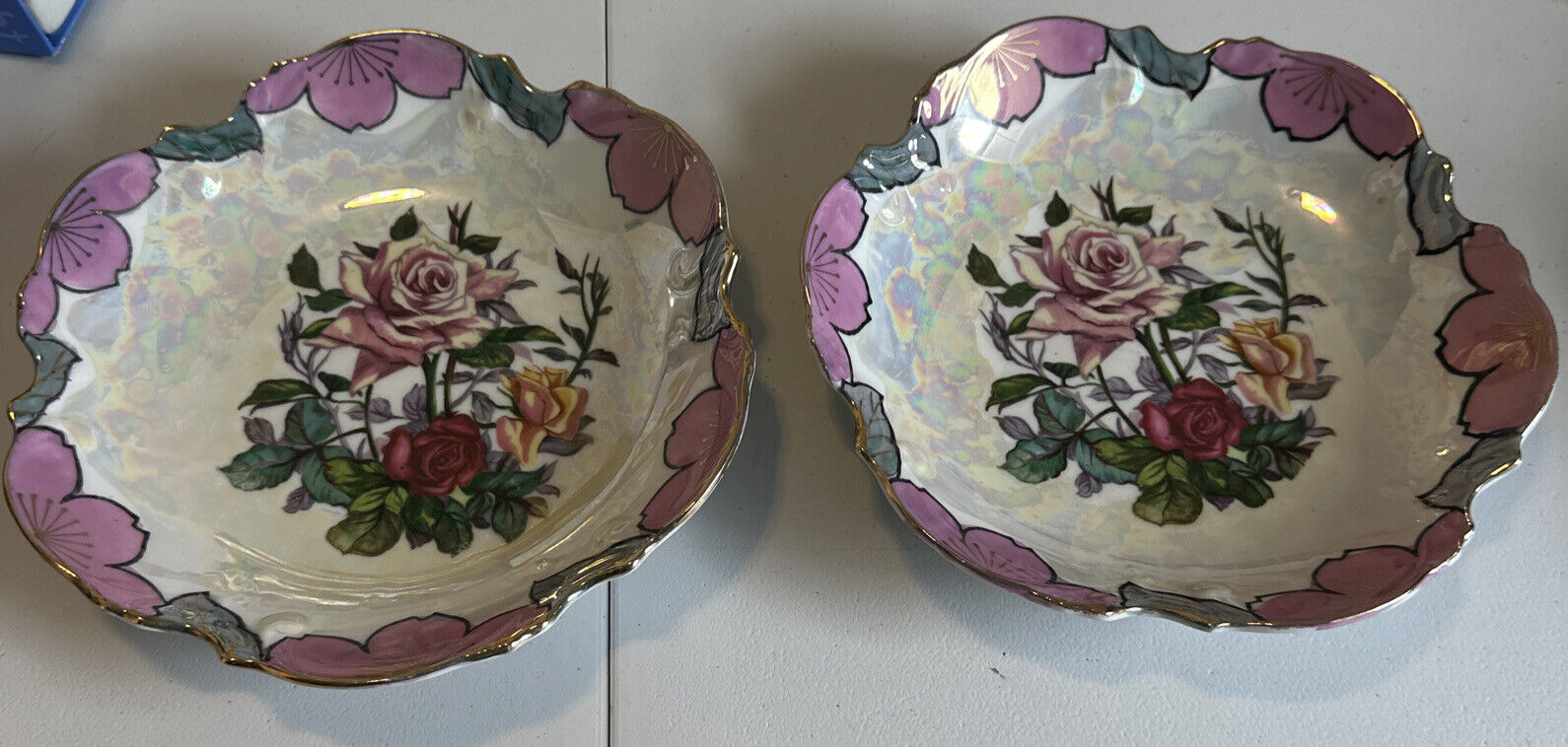 Pair Of Trimont Luster ware floral Rose Hand painted Bowls dishes 7.75” vintage
