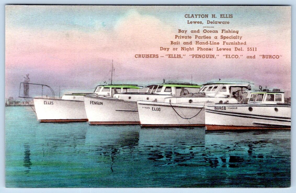 1930-40's LEWES DELAWARE CLAYTON ELLIS BAY & OCEAN FISHING HANDCOLORED POSTCARD