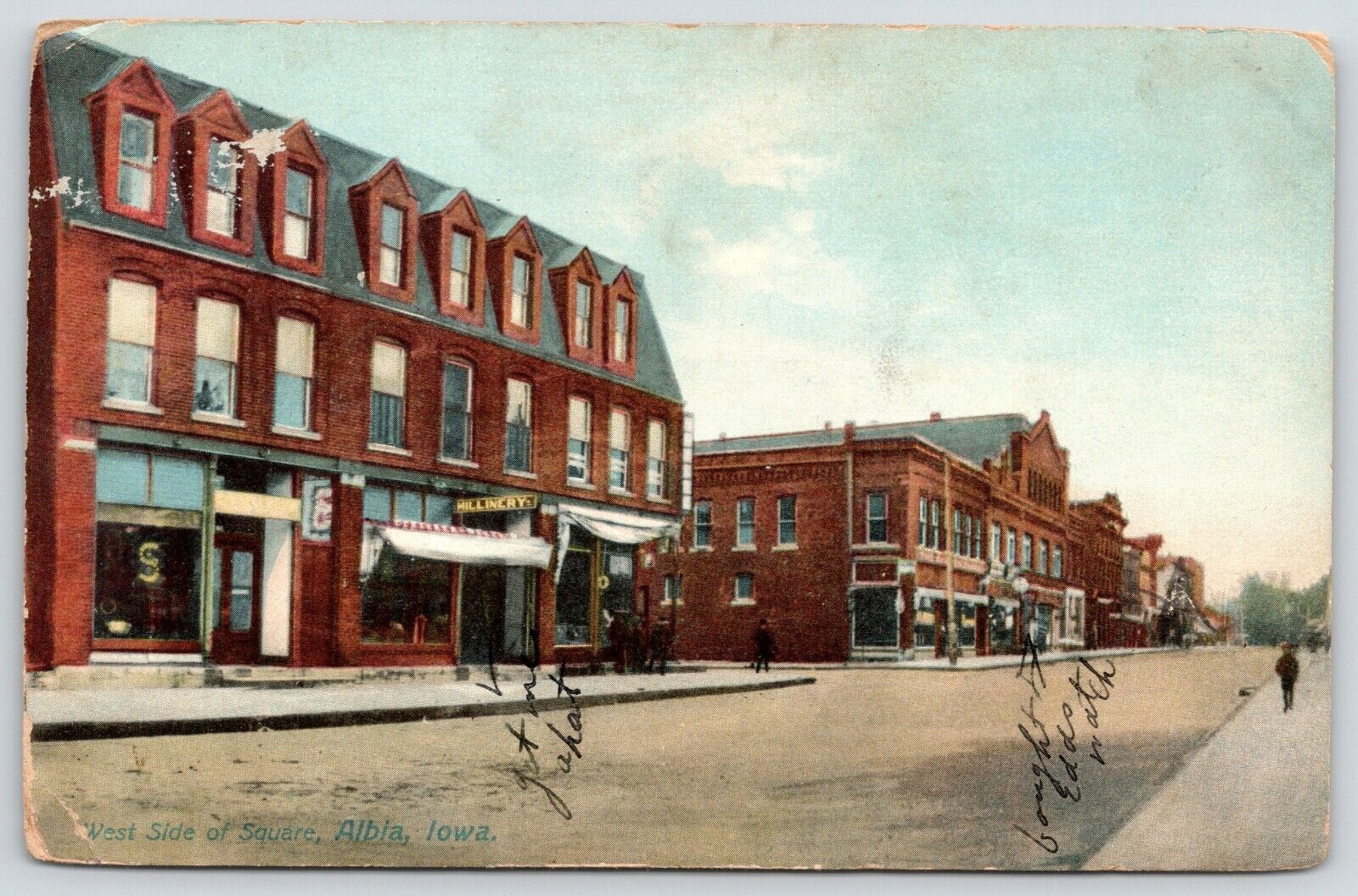Albia Iowa~West Side Square~Millinery Shop: Got Me a Hat~Jewelry Store~c1910