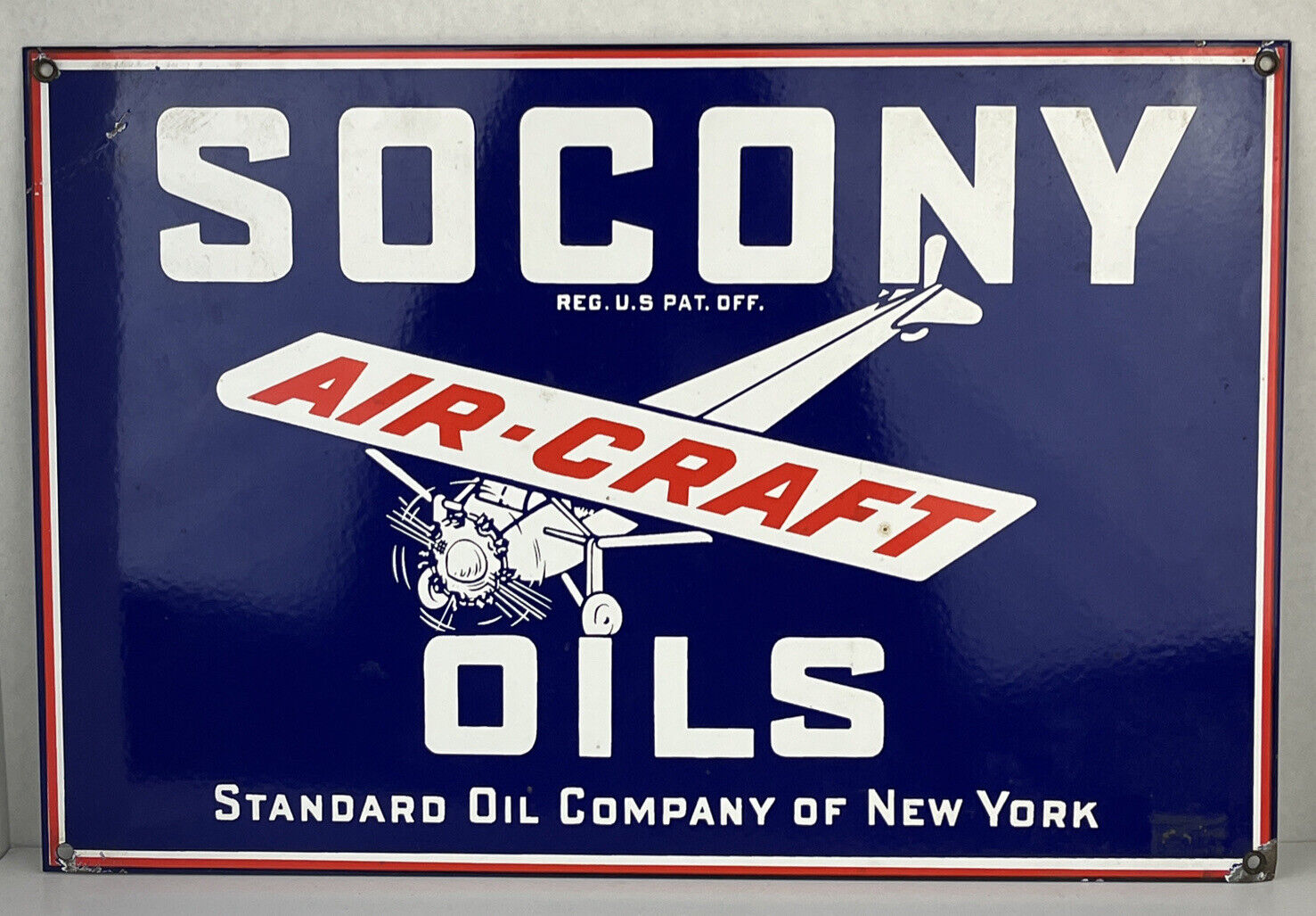 RARE VINTAGE SOCONY AIR-CRAFT OILS PORCELAIN DEALER SIGN GAS PLANE REPRODUCTION