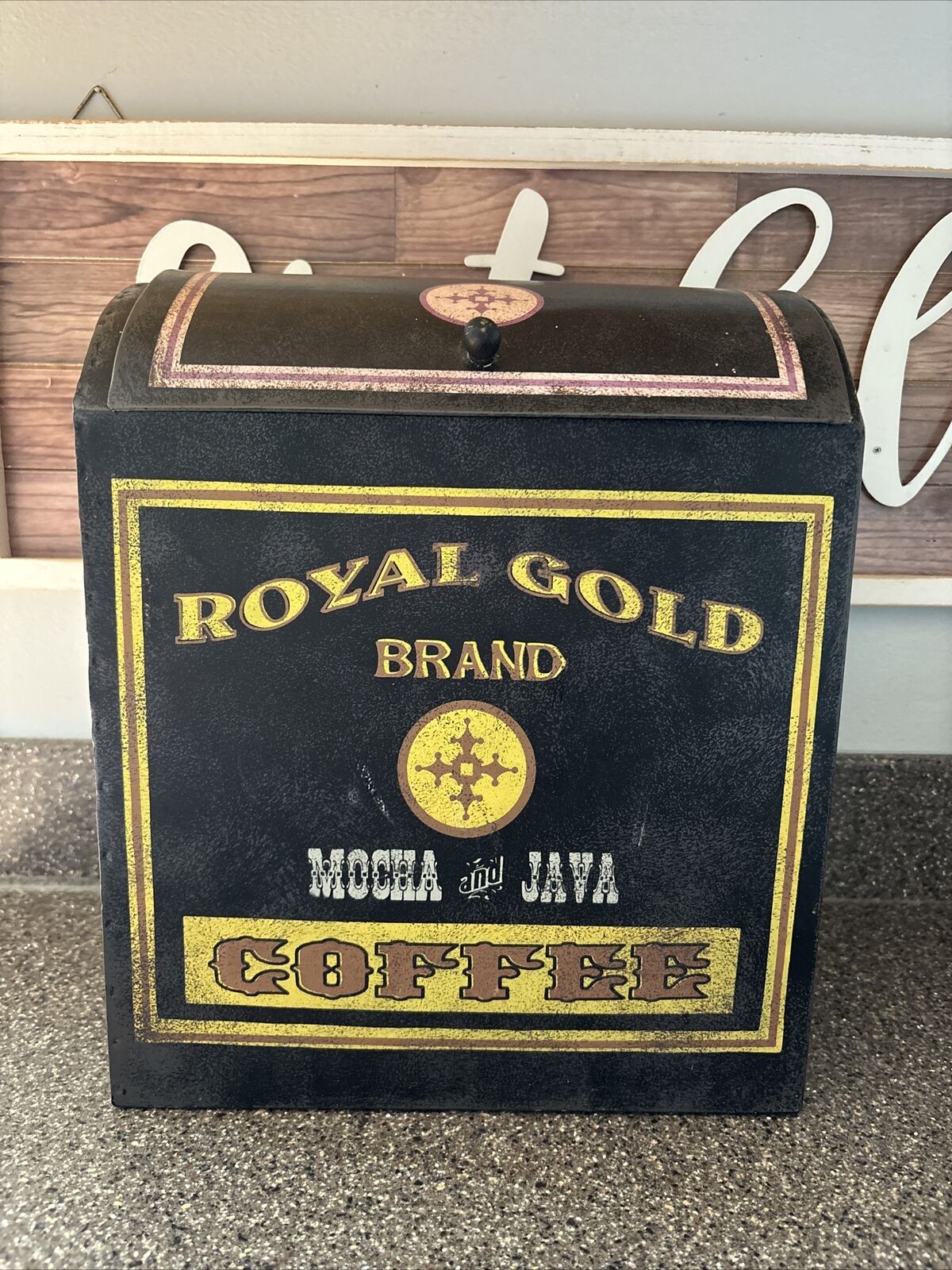 Vintage Royal Gold Coffee Tin 12.5” Tall 10.5” Wide 6” Length Cafe Kitchen Java
