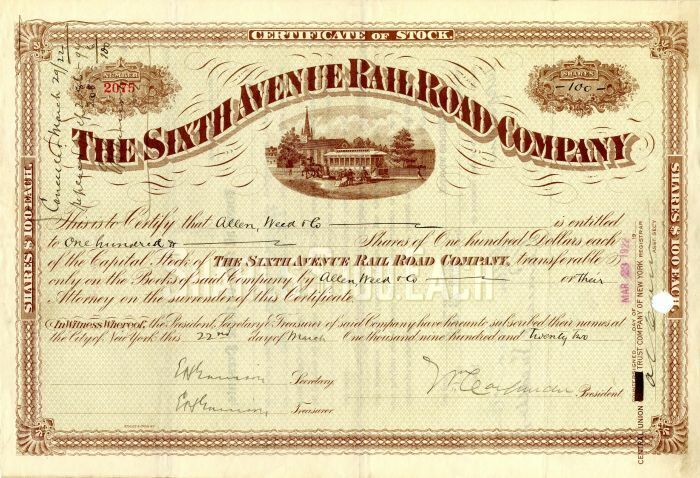 Sixth Avenue Railroad Co. - Railroad Stocks
