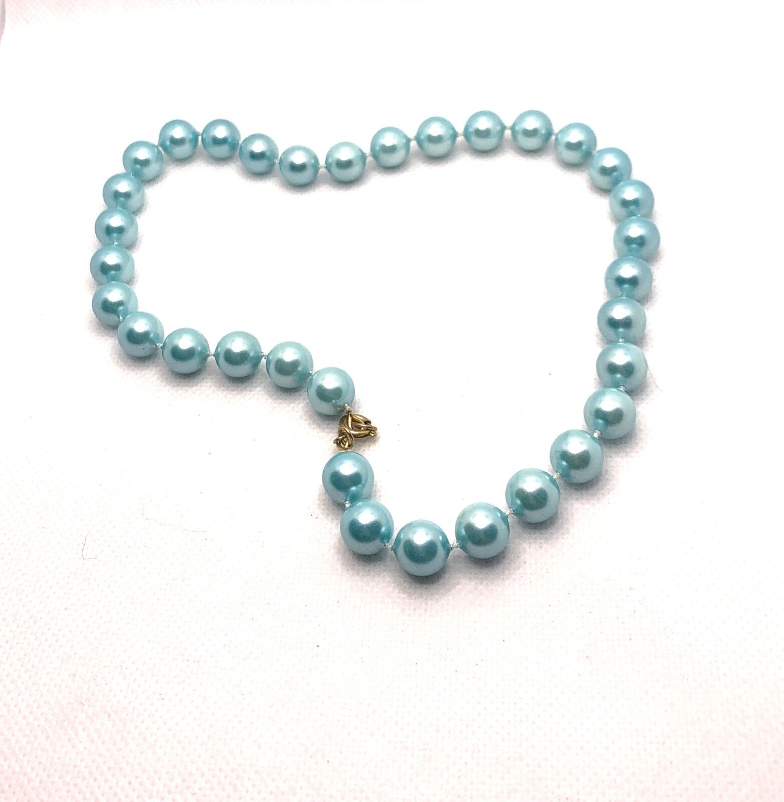 Light blue faux pearl knotted beaded necklace 16 inch
