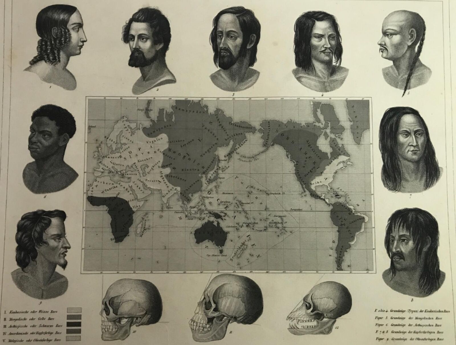 World map w/ Ethnic types world peoples skeletons 1851 antique map