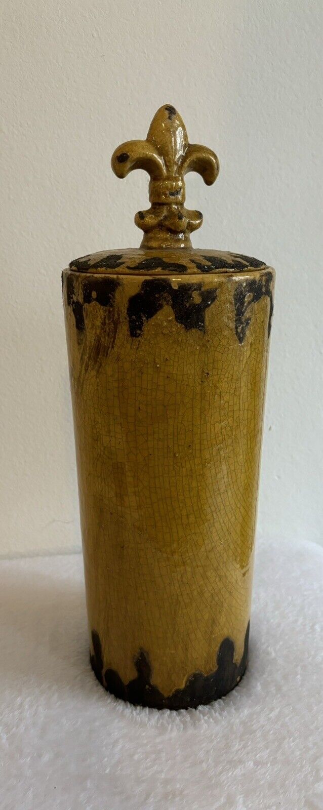 14 1/2” Handmade Ceramic Vase/ Cylinder Container With A “le fleur de lis,” Lid.