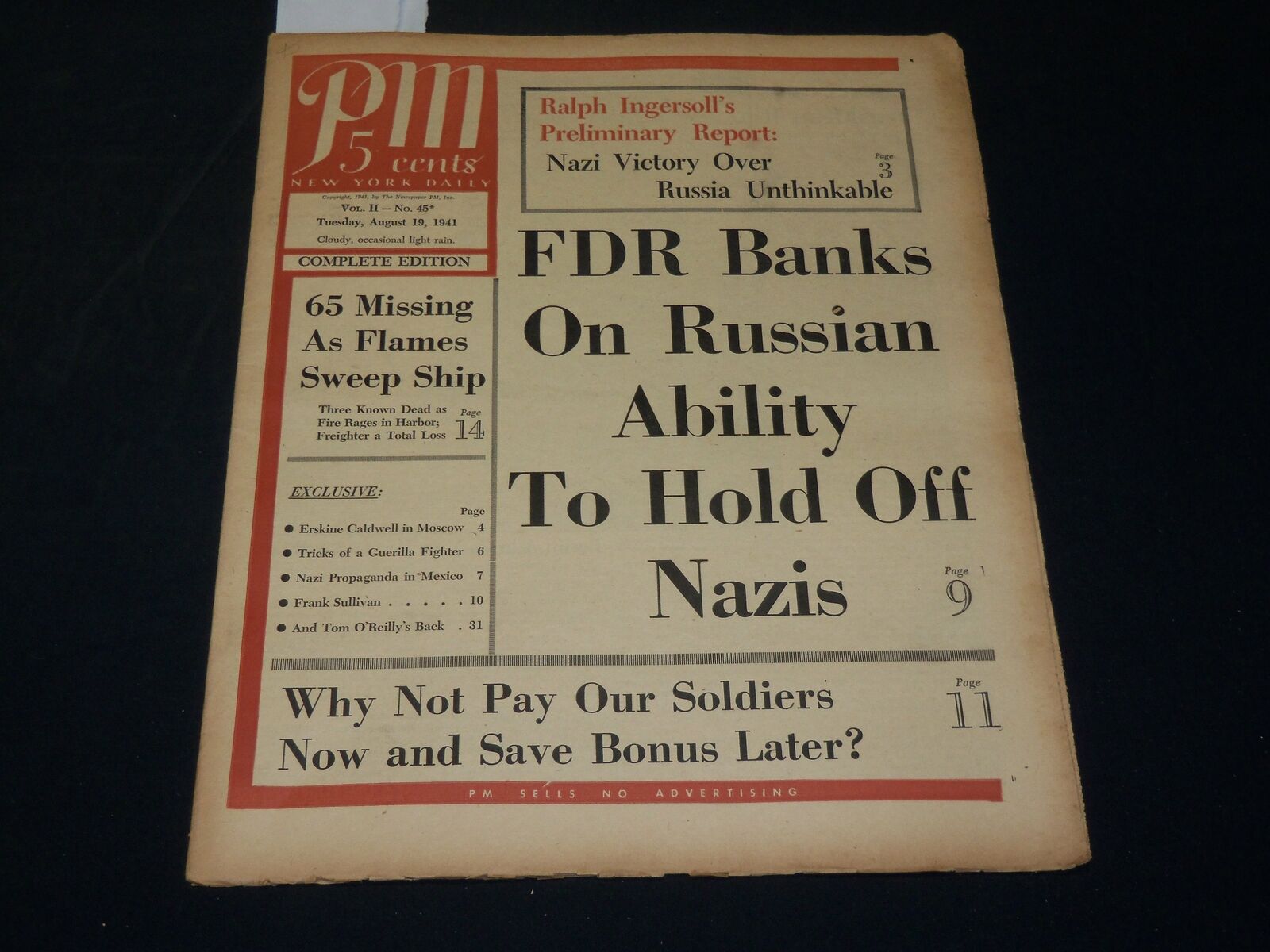 1941 AUGUST 19 PM'S WEEKLY NEWSPAPER - FDR BANKS ON RUSSIA - NP 4933
