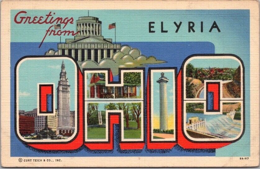 ELYRIA, OHIO Large Letter Greetings Postcard Curteich Linen c1939 - Unused
