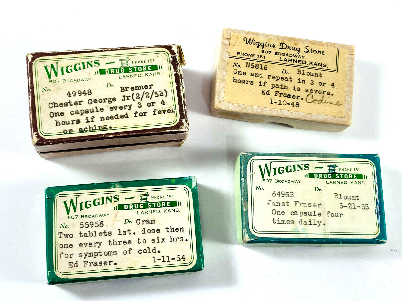 Lot (x4) Wiggins Drug Store 40s 50s Pill Medicine Boxes Codine Larned KS kansas