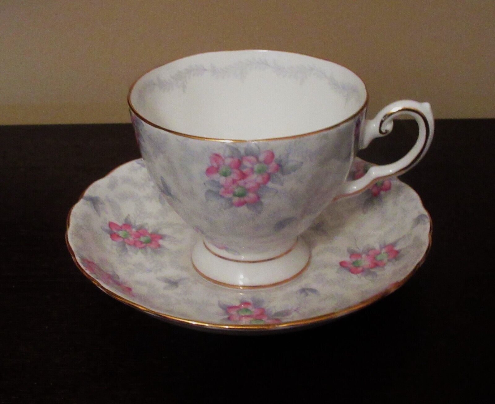 Tuscan Fine English Bone China Tea Cup and Saucer Pink Flowers with Gray Vines