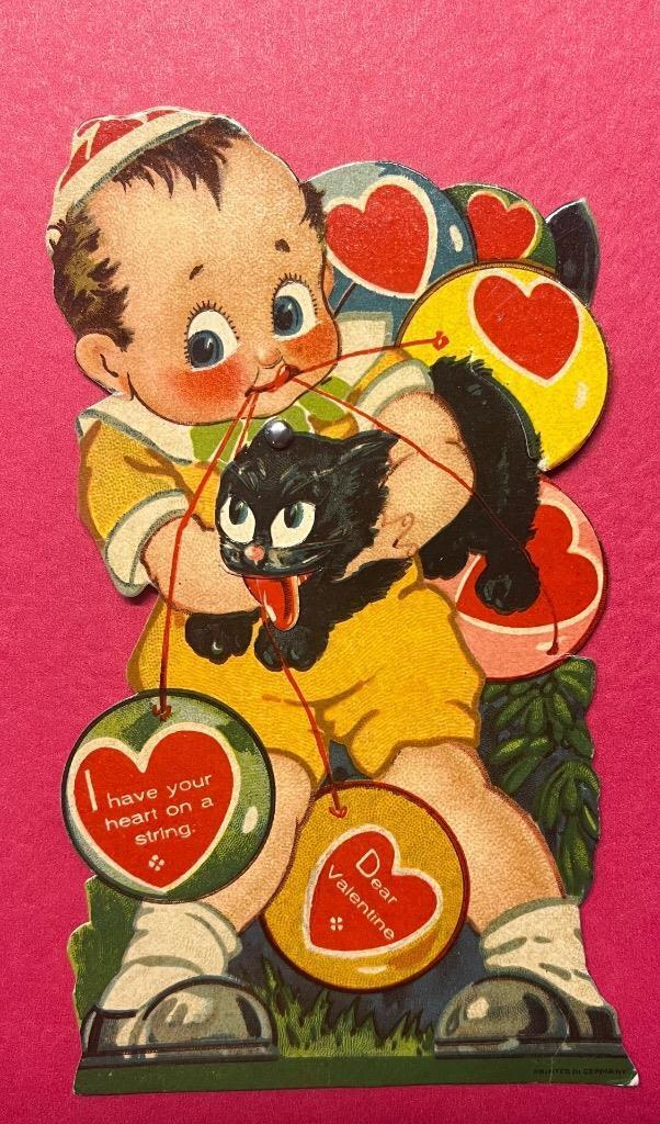 antique LITTLE BOY w CAT Mechanical stand up die cut VALENTINE CARD Germany