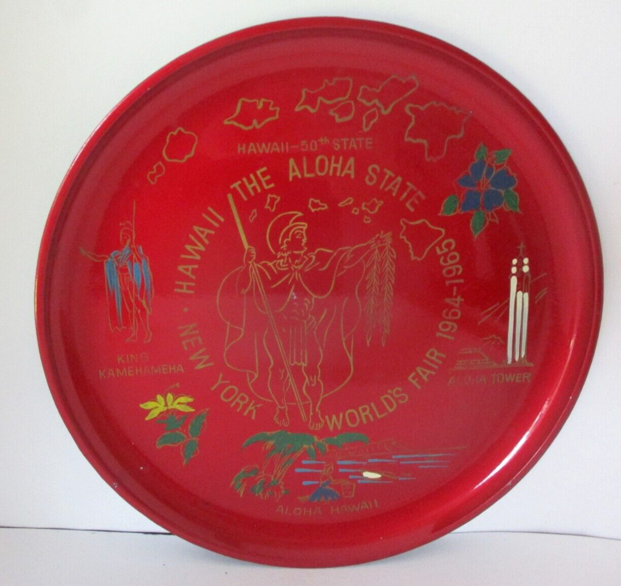Vintage Red Lacquer Hawaii 1964 Worlds Fair Souvenir Plate