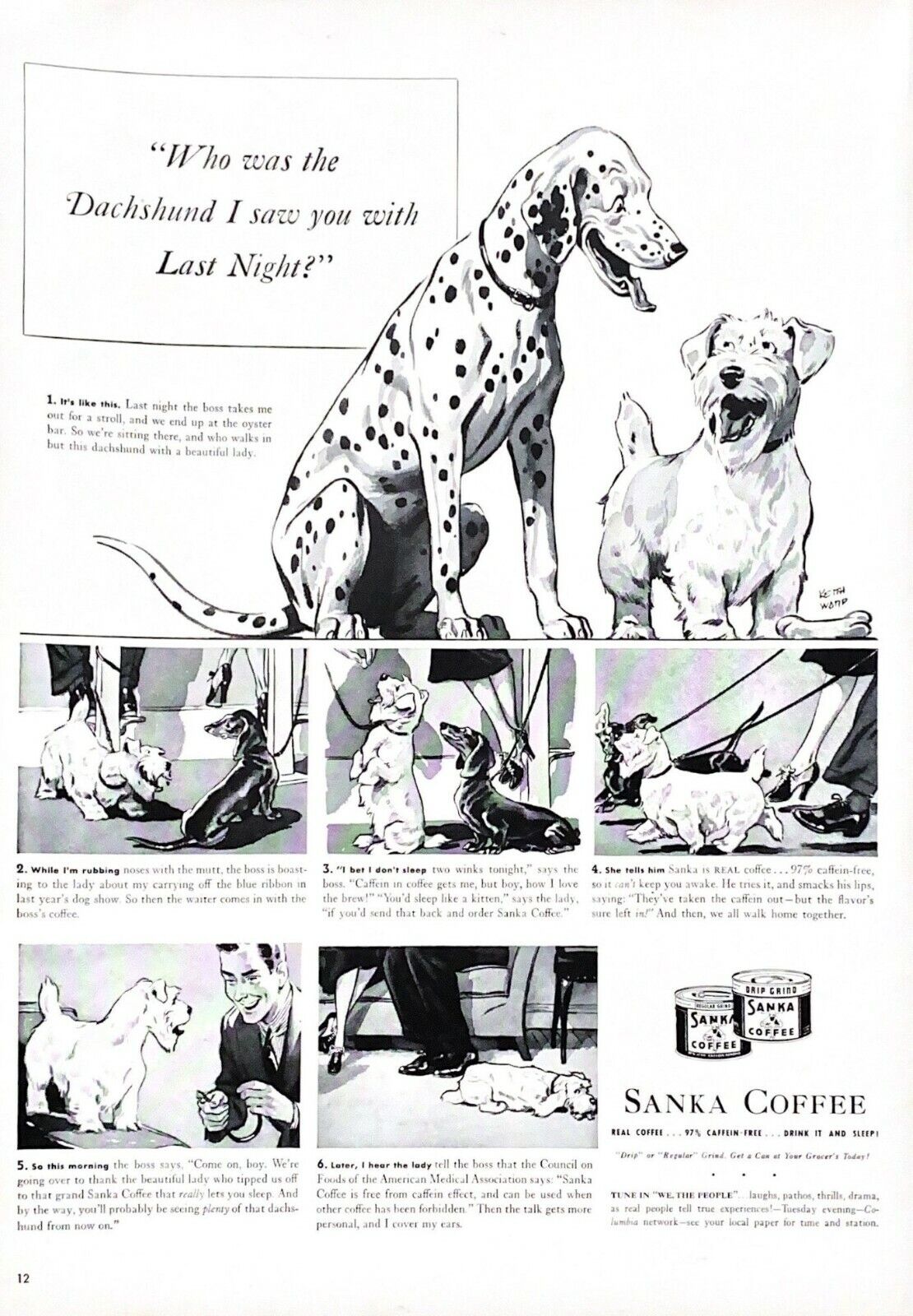 1939 Sanka Coffee Vintage Print Ad Dalmatian Dachshund Cute Dogs 