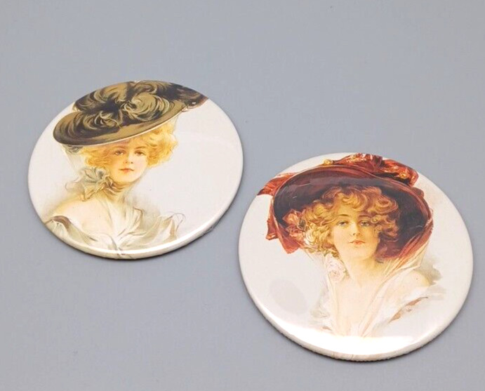 2 Vintage Large Pocket Purse Mirrors Gibson Girl Red Hat Victorian Style