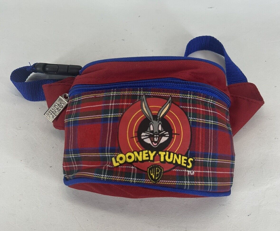 Vintage 1990\'s Looney Tunes Bugs Bunny Fanny Pack Bag Tartan Plaid
