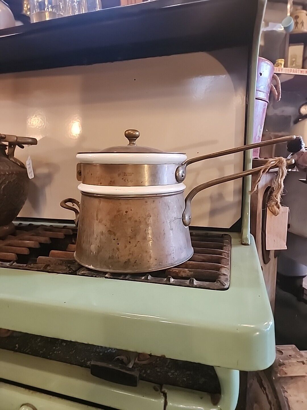Vintage Antique Rustic French Copper Brass Bazar Francais NY 666 Double Boiler