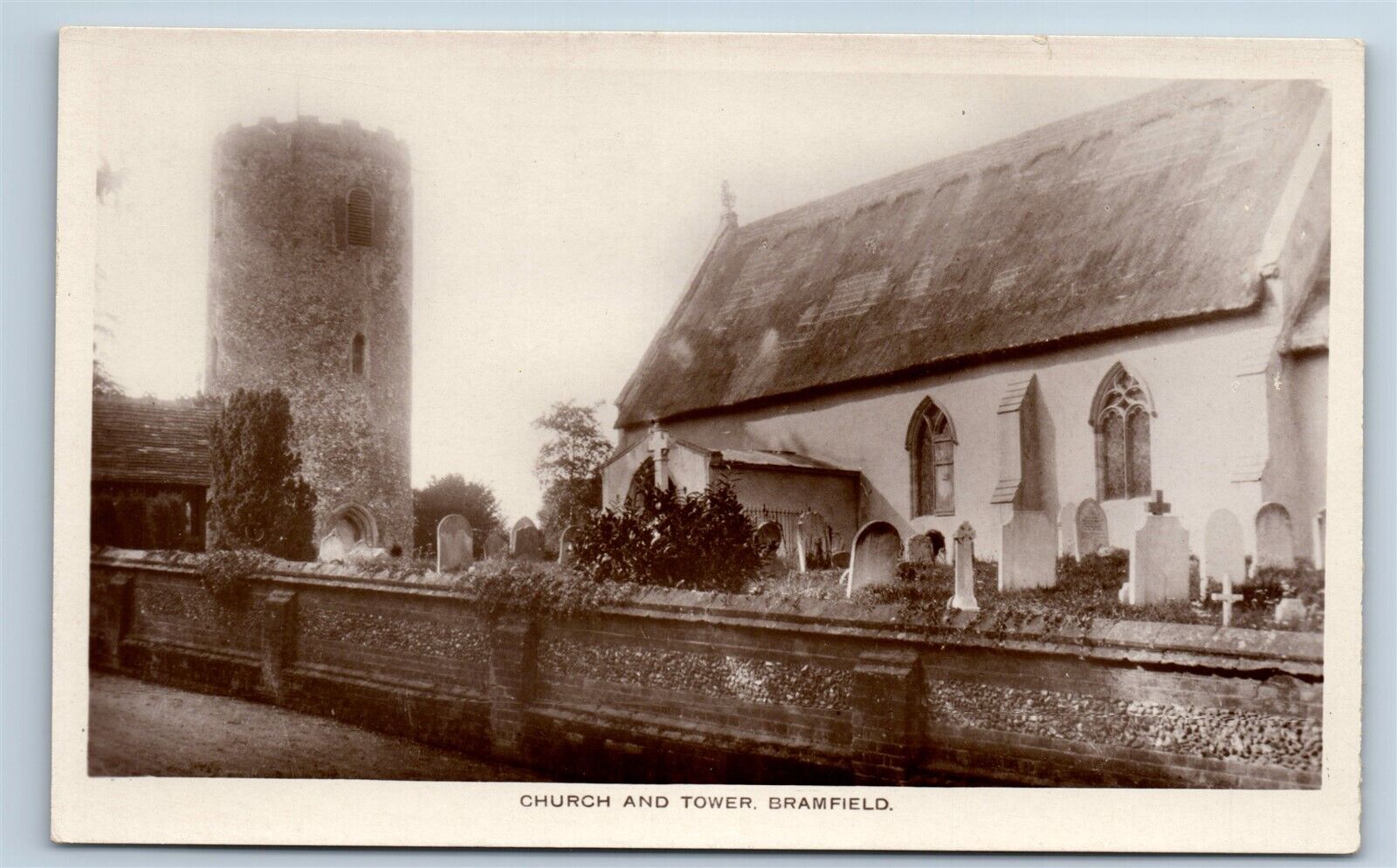 Postcard Church and Tower, Bramfield cemetery, headstones RPPC H175
