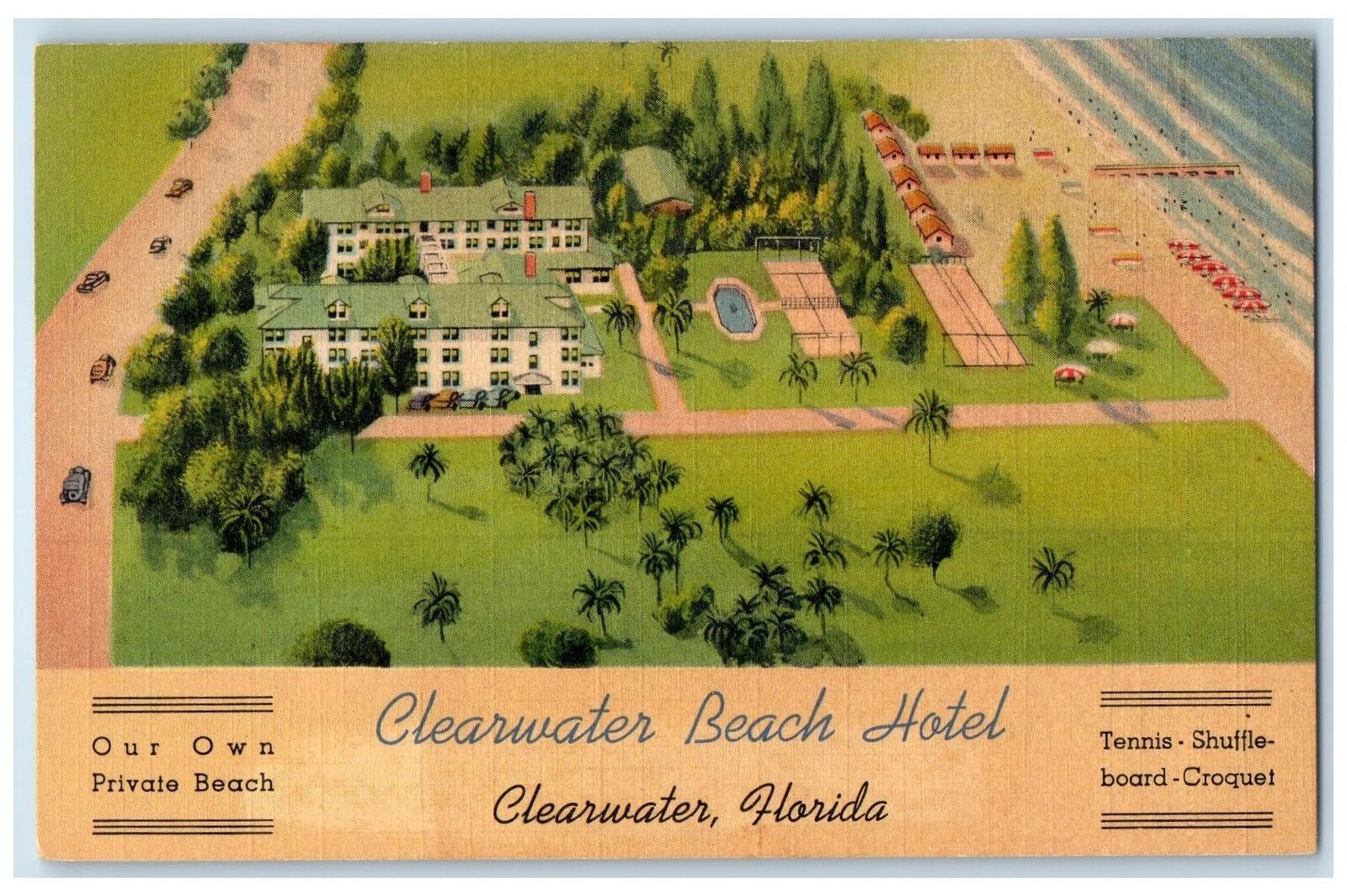 c1940 Aerial View Clearwater Beach Hotel Restaurant Clearwater Florida Postcard