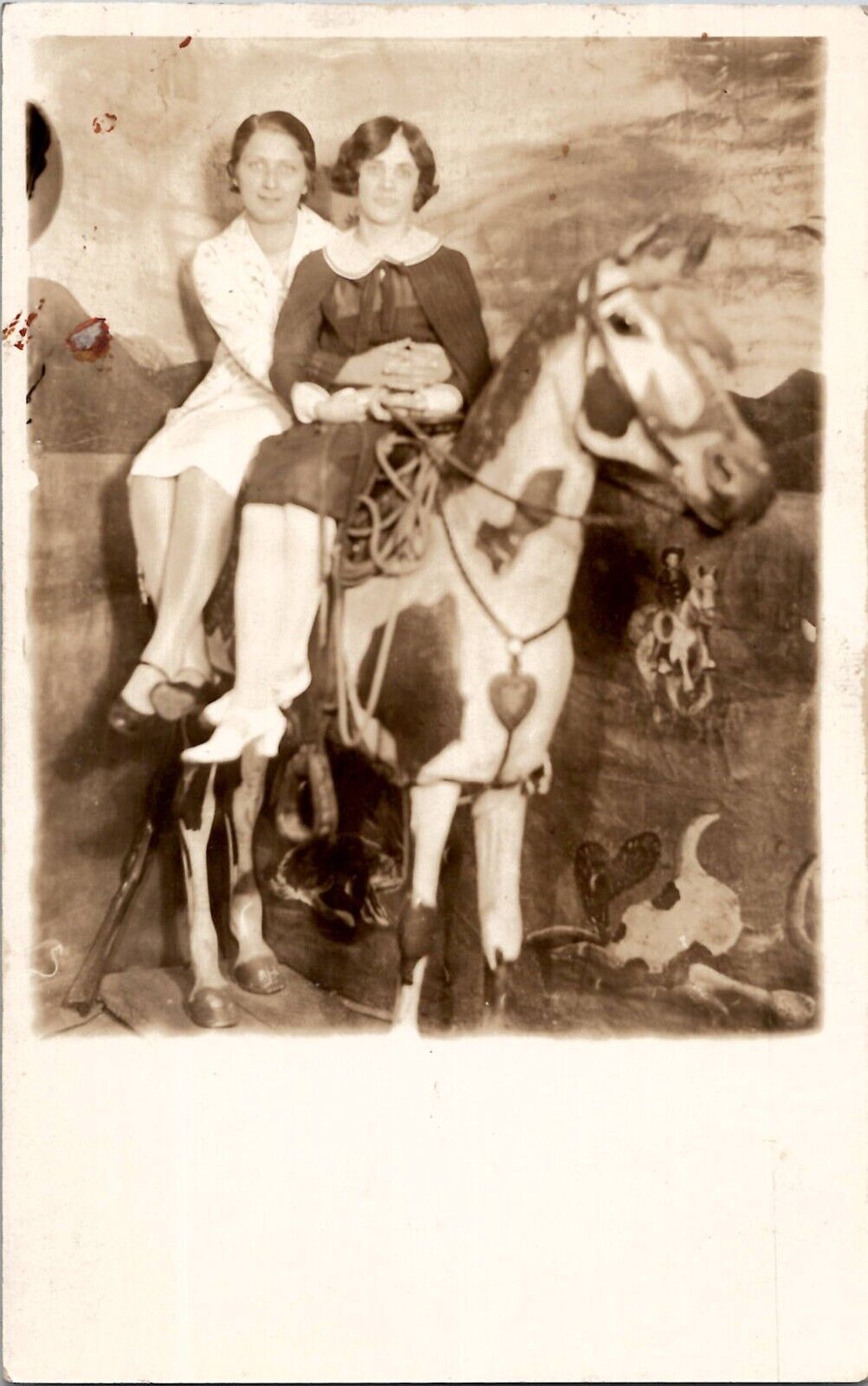 Affectionate Secret Lesbian Women Riding Prop Horse Gay Interest Vintage RPPC