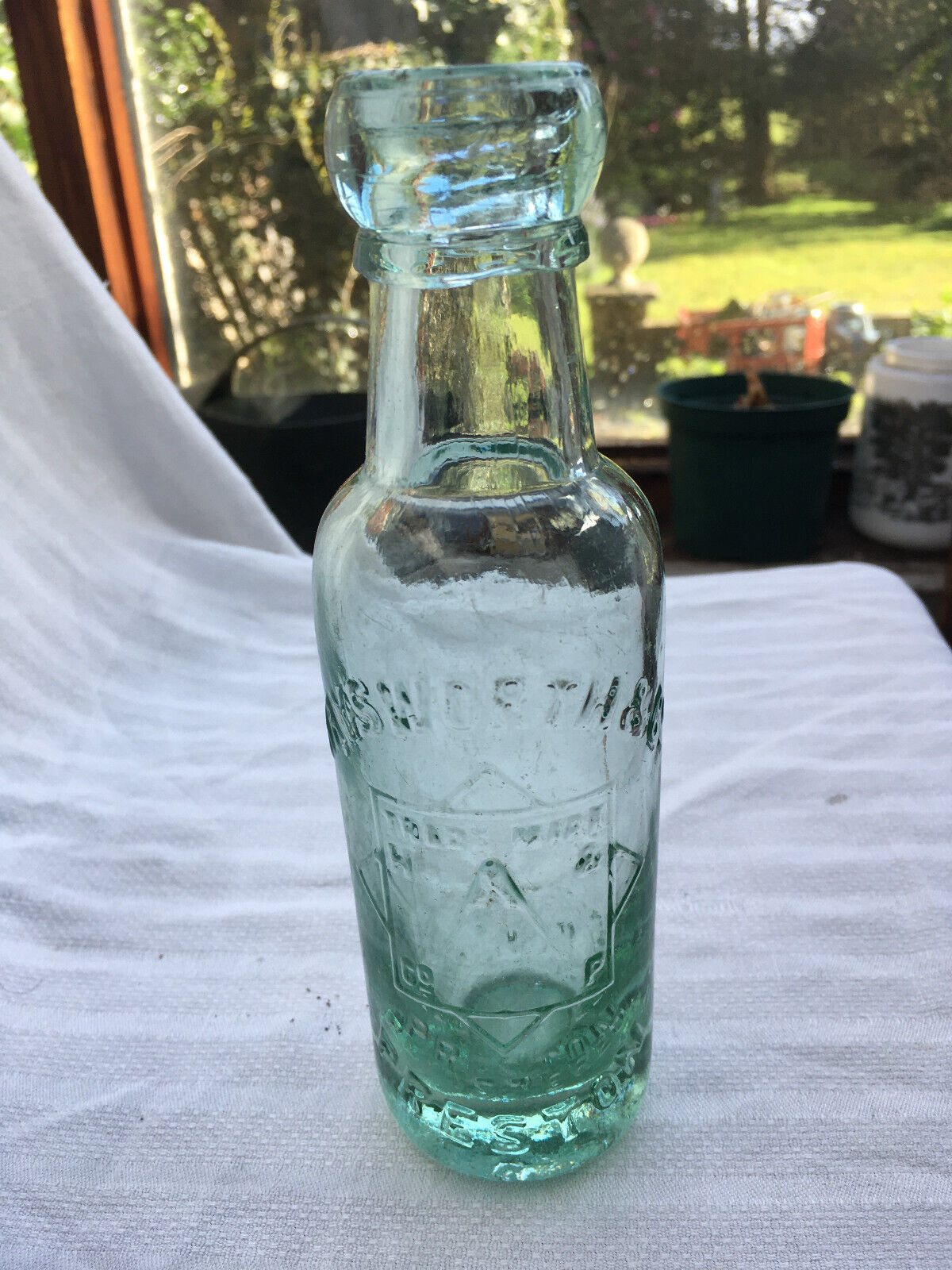 Small masonic Haysworth Preston compass trademark mineral soda bottle c1890-1920